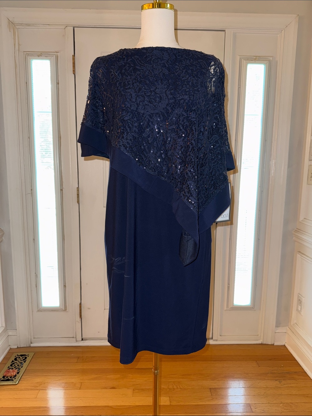 R&M Richards Navy Sequin Lace Evening Dress Knee Length
